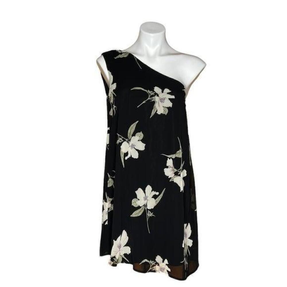 Lulus Black White Floral One Shoulder Asymmetrical Flowy Shift Dress Womens Sz S